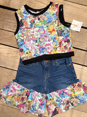 “Penelope Plays in a topping" crop top and upcycled shorts set