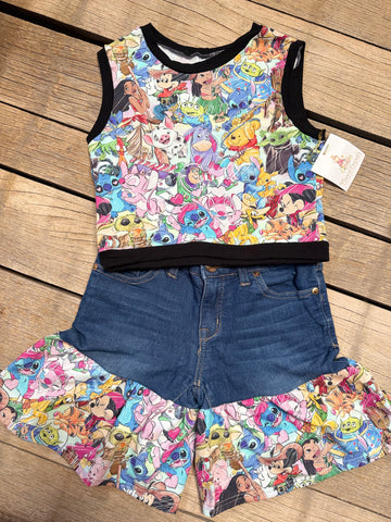 “Penelope Plays in a topping" crop top and upcycled shorts set