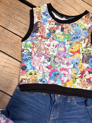 “Penelope Plays in a topping" crop top and upcycled shorts set